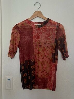 Anthropologie Red Multi Floral Patchwork Short Sleeve Top